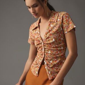 Anthropologie Orange Button Down Shirt with Notched Collar and Ruched Details